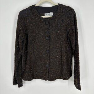 Chicos Beaded Jacket Embellished Collarless Button Down Brown Cotton Long Sleeve